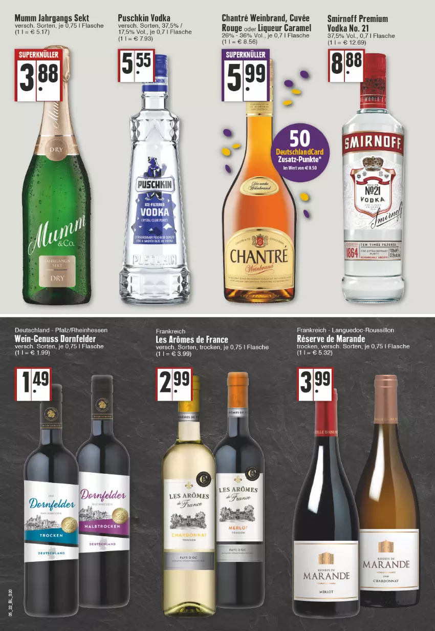 Aktueller Prospekt Edeka - Angebote der Woche - von 31.01 bis 05.02.2022 - strona 20 - produkty: caramel, chardonnay, deutschlandcard, dornfelder, flasche, liqueur, merl, merlot, mumm, nuss, premium vodka, puschkin vodka, rouge, sekt, smirnoff, Ti, vodka, wein, weinbrand