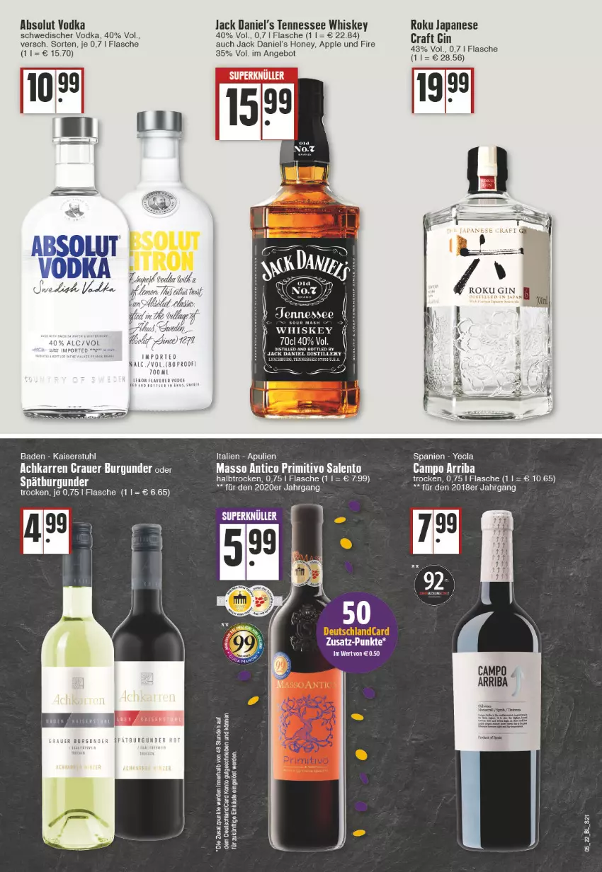 Aktueller Prospekt Edeka - Angebote der Woche - von 31.01 bis 05.02.2022 - strona 21 - produkty: Absolut Vodka, angebot, Apple, auer, Bad, burgunder, deutschlandcard, erde, flasche, gin, grauer burgunder, jack daniel, jack daniel's, Jack Daniel’s, Kaiser, mint, primitivo, spee, stuhl, tee, tennessee whiskey, Ti, vodka, whiskey, Yo