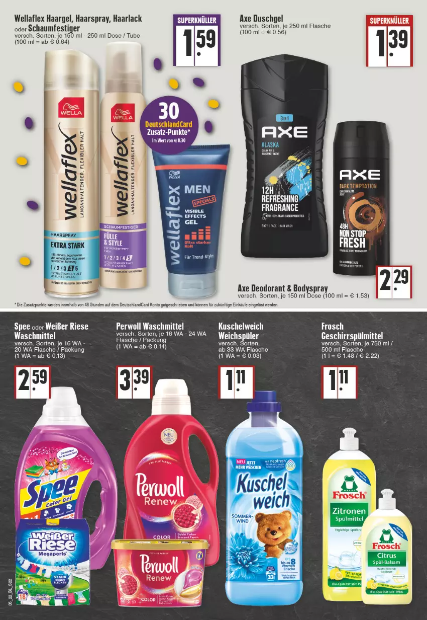 Aktueller Prospekt Edeka - Angebote der Woche - von 31.01 bis 05.02.2022 - strona 22 - produkty: arla, axe, axe duschgel, body, bodyspray, deo, deodorant, deutschlandcard, duschgel, erde, flasche, geschirr, geschirrspülmittel, Haarlack, haarspray, Kuschelweich, lack, perwoll, schaumfestiger, spee, spülmittel, tender, Ti, waschmittel, weichspüler, Wella, wellaflex, zitrone, zitronen