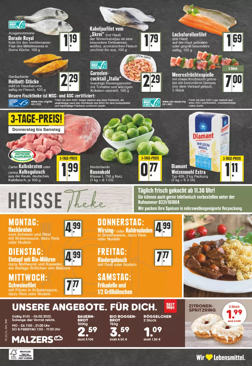 Aktueller Prospekt Edeka - Angebote der Woche - von 31.01 bis 05.02.2022 - strona 24 - produkty: angebot, angebote, auer, Bau, Bauer, bio, braten, brot, brötchen, Dorade, dorade royal, eier, eis, elle, ente, filet, fisch, fische, Fischer, fischtheke, fleisch, forelle, früchte, garnelen, grill, gulasch, ilag, kabeljaufilet, kasseler, knoblauch, kräuter, kräutern, küche, lachs, lebensmittel, malz, meeresfrüchte, mehl, Mett, mettwurst, nudel, nudeln, nuss, papier, pilze, Rauch, reis, rel, riesengarnelen, rind, rinder, rindergulasch, ring, rosen, Rosenkohl, saft, sauce, Schere, schwein, schwein und rind, schweine, schweinefilet, telefon, Ti, tisch, tomate, tomaten, uhr, vom schwein und rind, wein, weine, weizenmehl, wurst, zitrone, zitronen