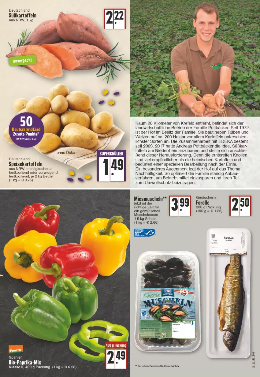 Aktueller Prospekt Edeka - Angebote der Woche - von 31.01 bis 05.02.2022 - strona 5 - produkty: Bau, beutel, bio, Bio-Paprika, deka, deutschlandcard, eis, elle, forelle, kartoffel, kartoffeln, mehl, Muscheln, paprika, reifen, rel, Schal, Schale, speisekartoffeln, Spezi, Süßkartoffeln, Ti