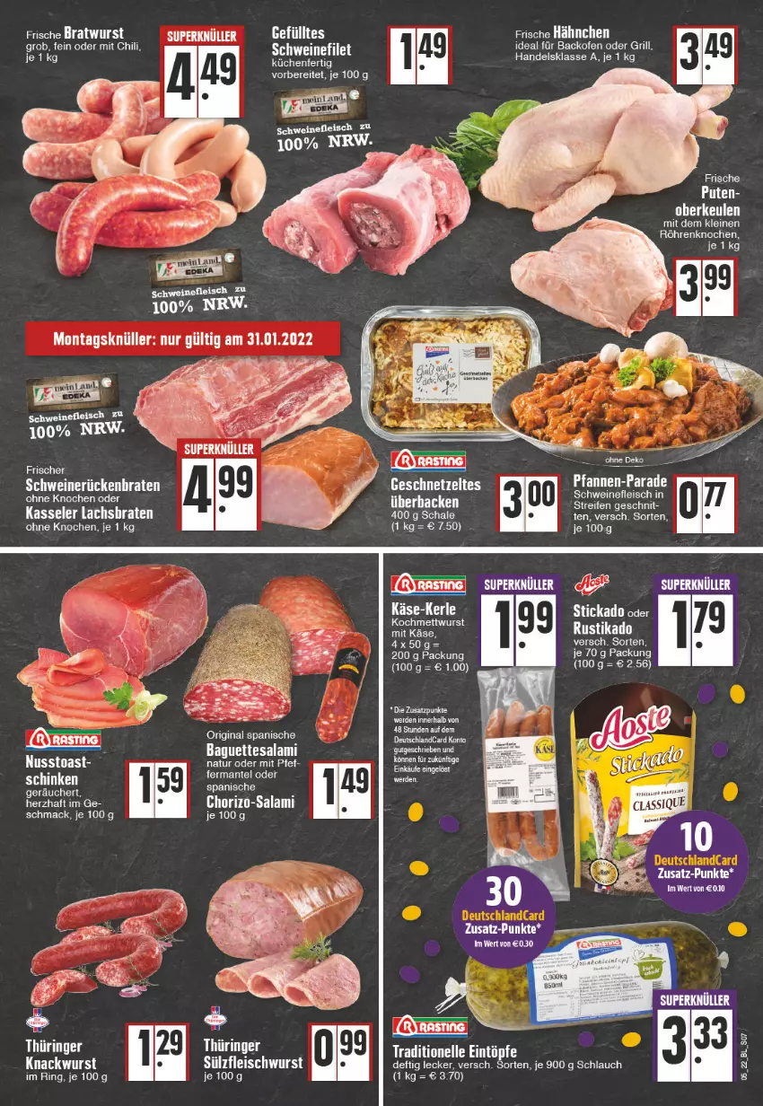 Aktueller Prospekt Edeka - Angebote der Woche - von 31.01 bis 05.02.2022 - strona 7 - produkty: asti, backofen, baguette, baguettes, braten, chili, deutschlandcard, eier, eis, fleisch, Frische Hähnchen, geschnetzeltes, gin, grill, Käse, kasseler, küche, Küchen, lachs, Lachsbraten, leine, mac, natur, nuss, Ofen, reifen, Rückenbraten, salami, schlauch, schwein, schweine, schweinefleisch, schweinerücken, tee, tesa, Ti, toast, wein, weine, wurst, Zelt