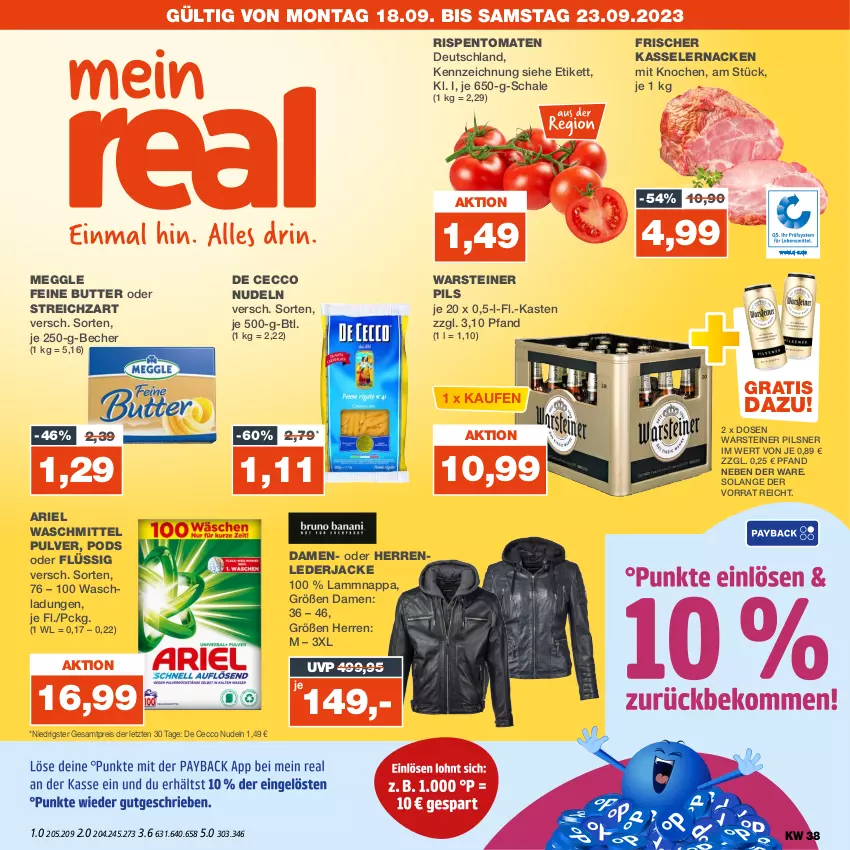 Aktueller Prospekt Real - von 18.09 bis 23.09.2023 - strona 1 - produkty: ariel, ariel waschmittel, Becher, butter, De Cecco, ecco, eis, Jacke, kasseler, lamm, meggle, nudel, nudeln, pils, pilsner, Pods, reis, rispentomaten, Schal, Schale, steiner, Streichzart, Ti, tomate, tomaten, warsteiner, waschmittel, ZTE