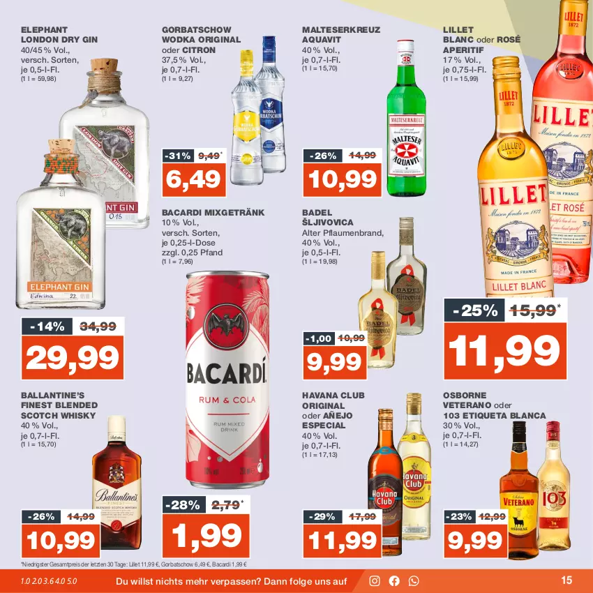 Aktueller Prospekt Real - von 18.09 bis 23.09.2023 - strona 15 - produkty: aperitif, aqua, aquavit, bacardi, Bad, ball, blended scotch, blended scotch whisky, dry gin, eis, Etiqueta Blanca, getränk, gin, Gorbatschow, gorbatschow wodka, Havana Club, LG, lillet, london dry, london dry gin, malteser, Mixgetränk, osborne, pflaume, pflaumen, reis, scotch, scotch whisky, Ti, veterano, whisky, wodka, ZTE