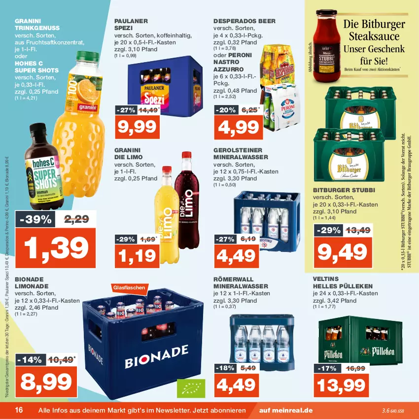 Aktueller Prospekt Real - von 18.09 bis 23.09.2023 - strona 16 - produkty: Alwa, bio, bionade, bitburger, burger, desperados, eis, elle, flasche, frucht, fruchtsaft, gerolsteine, gerolsteiner, glasflasche, granini, granini die limo, Hohes C, limo, limonade, mineralwasser, nuss, Paula, paulaner, Peroni, reis, saft, Spezi, steiner, Ti, veltins, wasser, ZTE