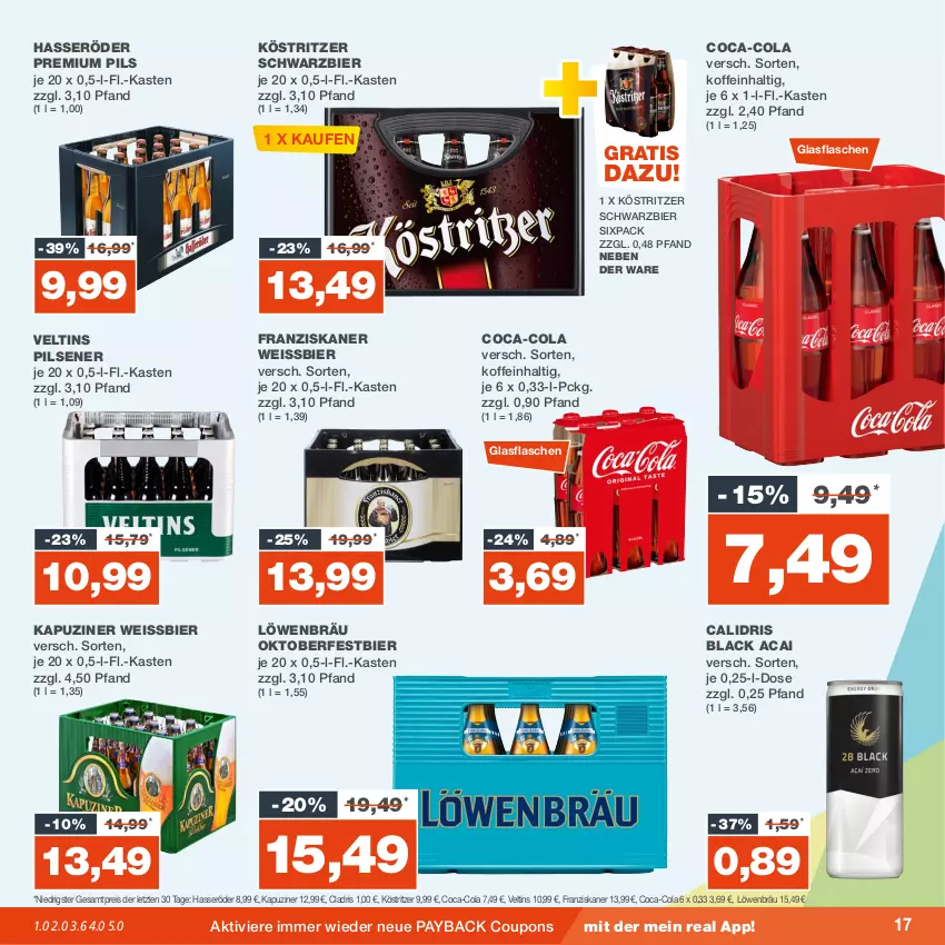 Aktueller Prospekt Real - von 18.09 bis 23.09.2023 - strona 17 - produkty: bier, coca-cola, cola, coupon, coupons, eis, flasche, franziskaner, glasflasche, hasseröder, köstritzer, lack, LG, payback, pils, pilsener, premium pils, reis, Ti, veltins, veltins pilsener, weissbier, ZTE