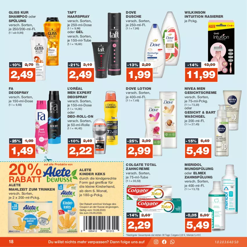 Aktueller Prospekt Real - von 18.09 bis 23.09.2023 - strona 18 - produkty: colgate, colgate total, coupon, creme, deo, deospray, dove, dusche, eis, elmex, Gesichtscreme, gliss, gliss kur, haarspray, keks, Kinder, leine, LG, Lotion, meridol, mundspülung, nivea, Nivea Men, rasierer, reis, roll-on, shampoo, shampoo oder spülung, spülung, Taft, Ti, waschgel, wilkinson, zahncreme, ZTE