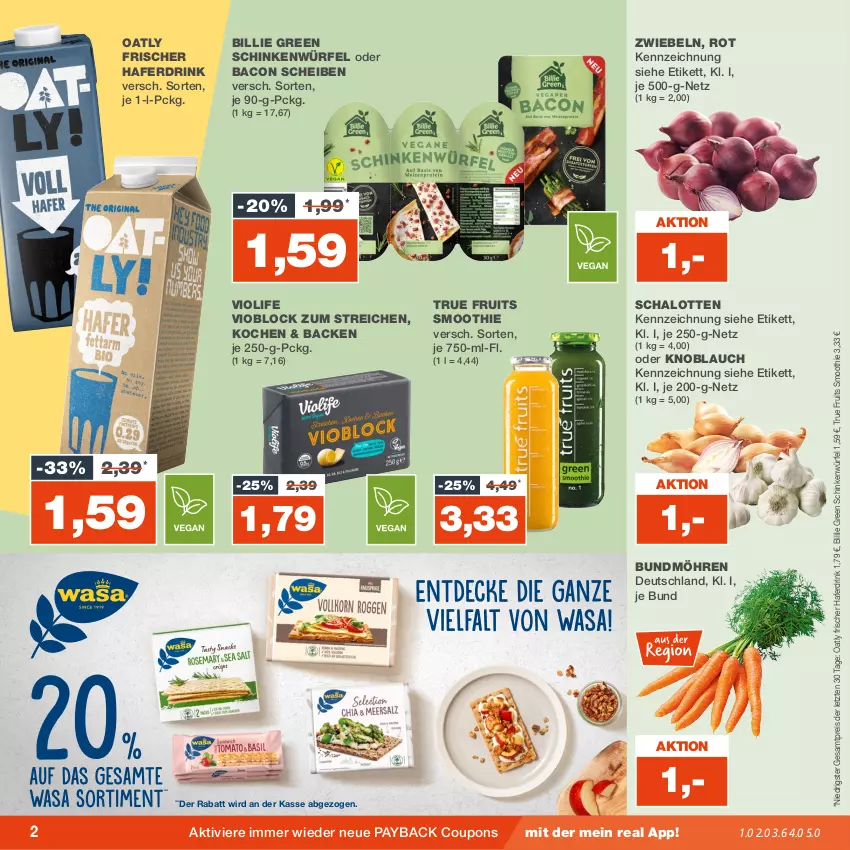 Aktueller Prospekt Real - von 18.09 bis 23.09.2023 - strona 2 - produkty: bacon, Bundmöhren, coupon, coupons, drink, eis, hafer, Haferdrink, knoblauch, möhren, payback, reis, Schal, Schalotte, schinken, smoothie, Ti, true fruits, würfel, ZTE, zwiebel, zwiebeln