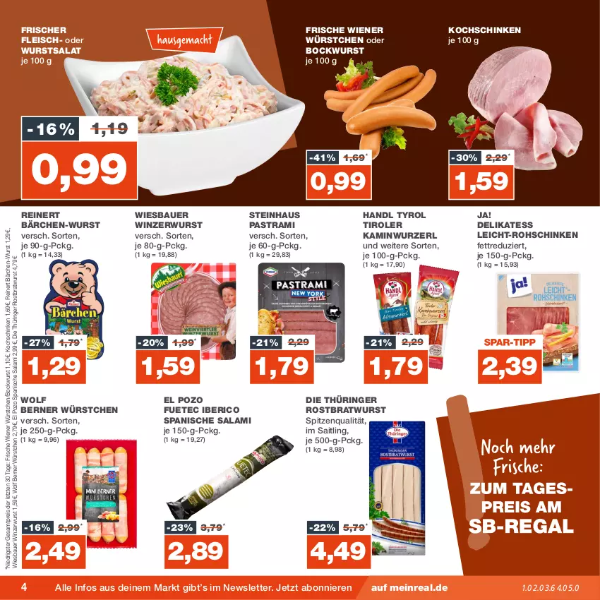 Aktueller Prospekt Real - von 18.09 bis 23.09.2023 - strona 4 - produkty: Astra, auer, Bau, Bauer, bockwurst, bratwurst, eis, fleisch, Kamin, Kaminwurz, kochschinken, pastrami, reinert, reis, ring, rohschinken, rostbratwurst, salami, salat, schinken, spitzenqualität, steinhaus, thüringer rostbratwurst, Ti, wiener, wiener würstchen, wiesbauer, Winzerwurst, wurst, würstchen, ZTE