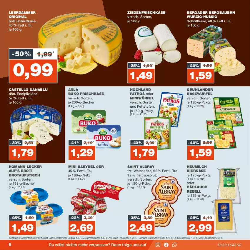 Aktueller Prospekt Real - von 18.09 bis 23.09.2023 - strona 6 - produkty: albray, arla, arla buko, auer, aufstrich, babybel, Bau, Bauer, Becher, bergader, bier, brot, brotaufstrich, Buko, eis, frischkäse, gin, grünländer, Heu, heumilch, hochland, homann, Käse, leerdammer, LG, milch, mini babybel, nuss, patros, rebell, reis, saint albray, schnittkäse, weichkäse, würfel, ziegenfrischkäse, ZTE