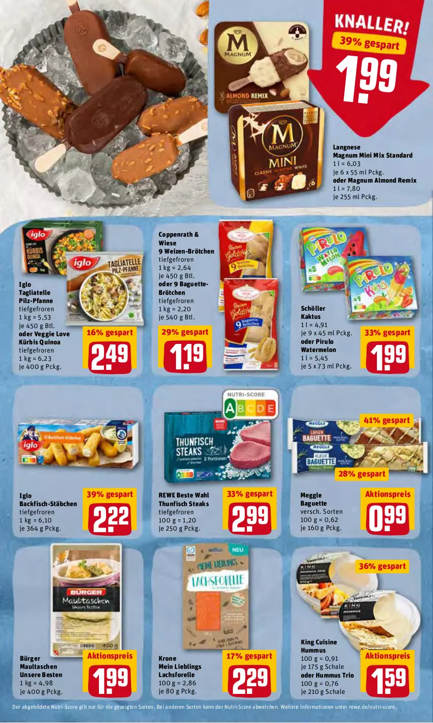 Aktueller Prospekt Rewe - REWE Ihr Kaufpark - von 25.04 bis 30.04.2022 - strona 10 - produkty: aktionspreis, backfisch, baguette, brötchen, coppenrath, eis, elle, fisch, forelle, hummus, iglo, krone, Kürbis, lachs, langnese, magnum, Magnum Mini, maultaschen, meggle, pfanne, quinoa, reis, rel, rewe beste wahl, Schal, Schale, Schöller, steak, steaks, tagliatelle, Tasche, taschen, thunfisch, Ti, veggie, Veggie Love