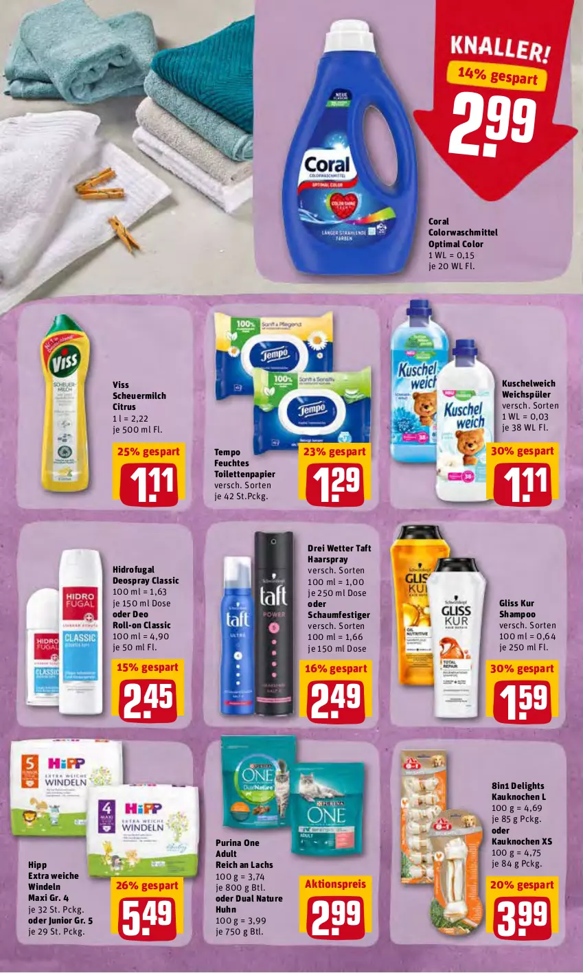 Aktueller Prospekt Rewe - REWE Ihr Kaufpark - von 25.04 bis 30.04.2022 - strona 16 - produkty: aktionspreis, citrus, colorwaschmittel, Coral, deo, deo roll-on, deospray, drei wetter taft, eis, feuchtes toilettenpapier, gliss, gliss kur, haarspray, Heu, hipp, Kuschelweich, lachs, milch, natur, oder deo roll-on, oder schaumfestiger, papier, purina, reis, roll-on, schaumfestiger, scheuermilch, shampoo, Taft, Tempo, Ti, toilettenpapier, waschmittel, weichspüler, windeln