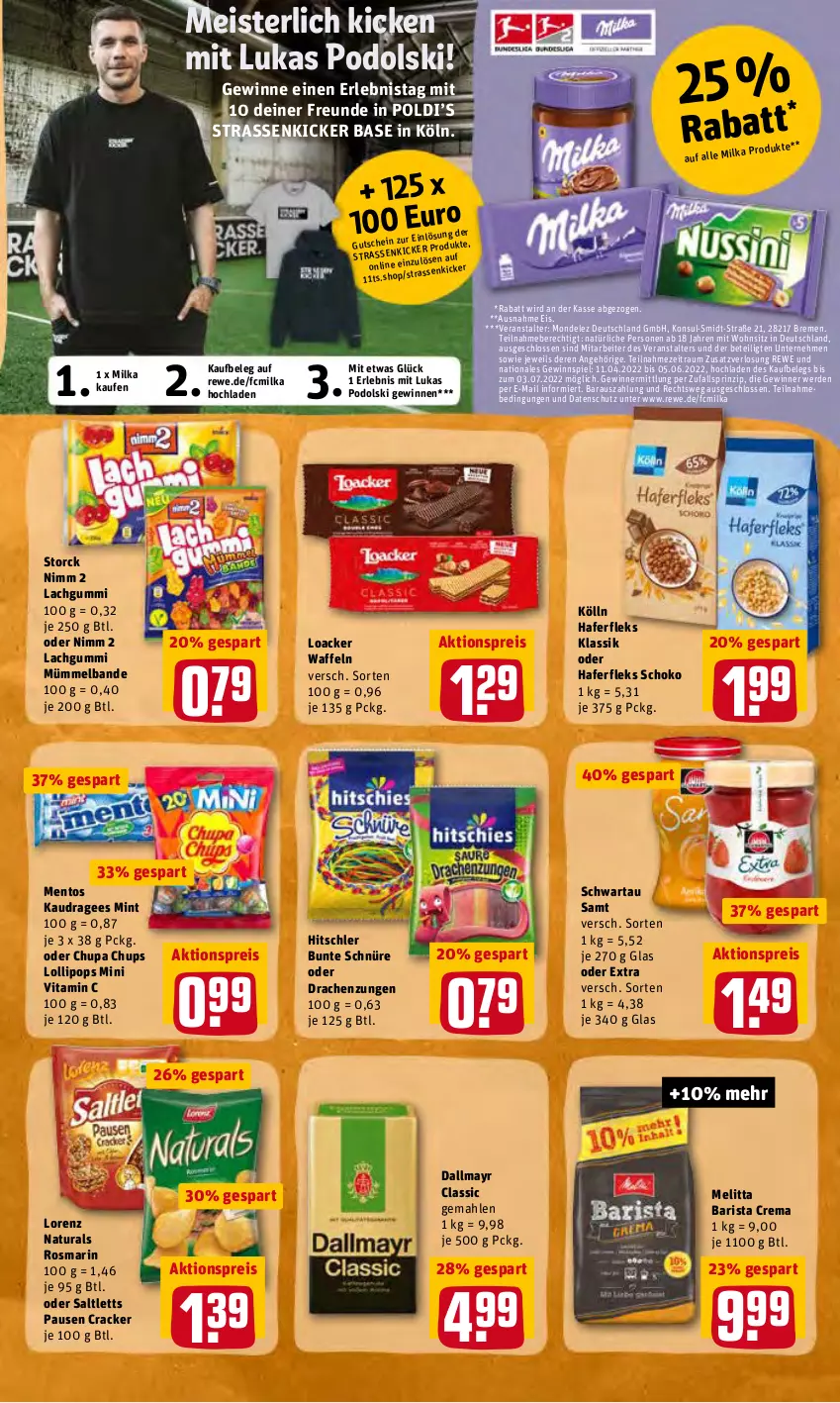 Aktueller Prospekt Rewe - REWE Ihr Kaufpark - von 25.04 bis 30.04.2022 - strona 19 - produkty: aktionspreis, chupa, chupa chups, cracker, dallmayr, eis, erde, gewinnspiel, gutschein, hafer, haferfleks, hitschler, kölln, lachgummi, lorenz, Meister, melitta, mentos, milka, mint, mondelez, natur, natura, Nimm 2, Odol, reis, rosmarin, saltletts, schoko, Schwartau, storck, Ti, vita, Vitamin C, waffeln