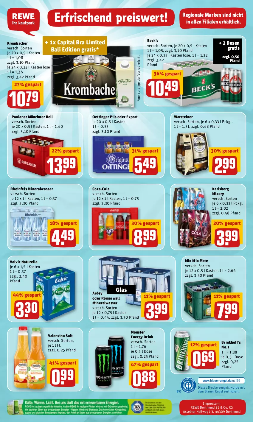 Aktueller Prospekt Rewe - REWE Ihr Kaufpark - von 25.04 bis 30.04.2022 - strona 20 - produkty: Alwa, Cap, coca-cola, cola, drink, drucker, eis, elle, energy drink, Engel, karlsberg, karlsberg mixery, kerze, krombache, krombacher, mineralwasser, Mio Mio, Mixer, mixery, monster, Monster Energy, natur, oettinger, Paula, paulaner, pils, reis, rel, saft, steiner, Ti, valensina, volvic, warsteiner, wasser