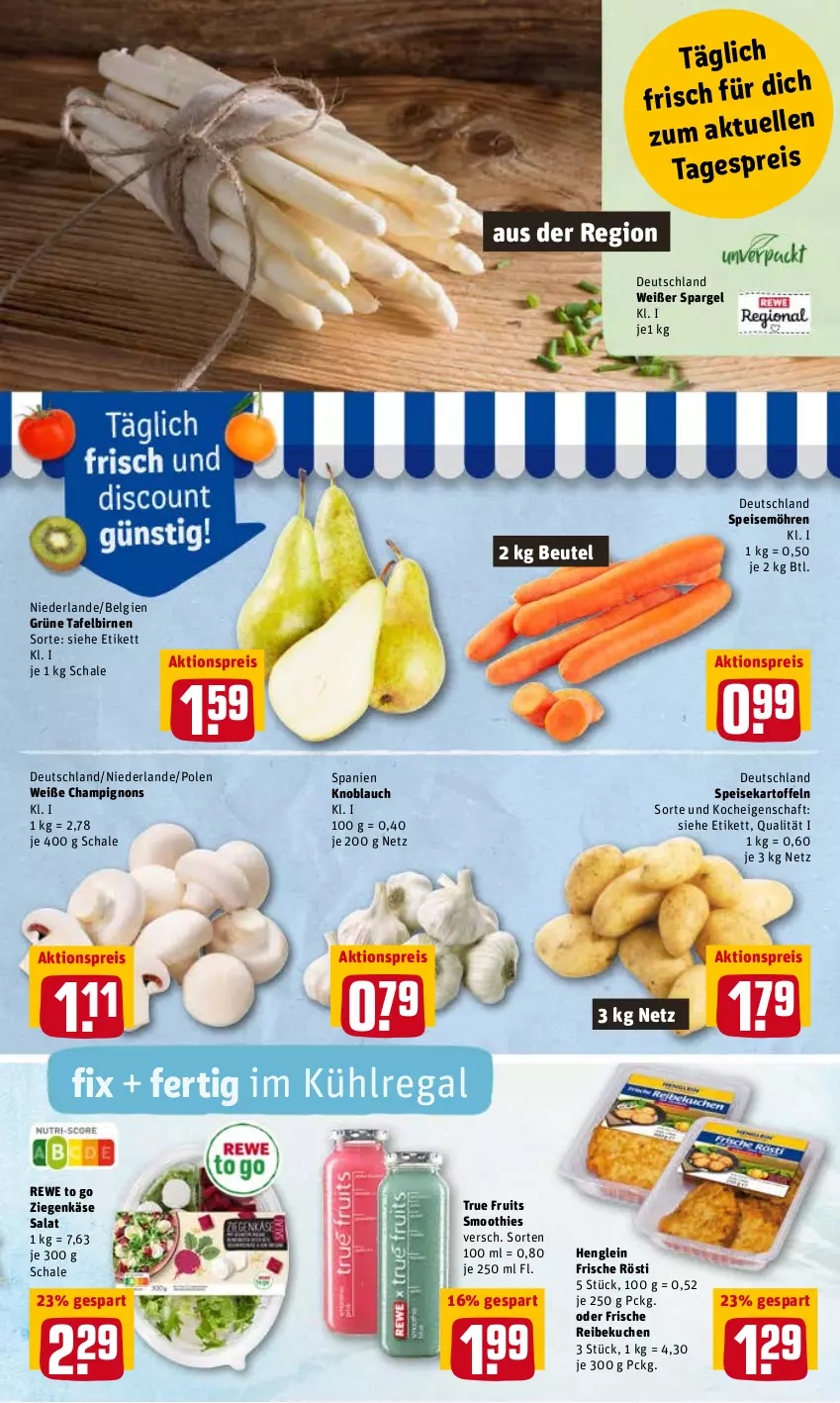 Aktueller Prospekt Rewe - REWE Ihr Kaufpark - von 25.04 bis 30.04.2022 - strona 3 - produkty: aktionspreis, beutel, Birnen, champignon, champignons, eis, henglein, kartoffel, kartoffeln, Käse, knoblauch, kuchen, kühlregal, LG, möhren, regal, reis, salat, Schal, Schale, smoothie, smoothies, spargel, speisekartoffeln, speisemöhren, tafelbirnen, Ti, true fruits, ziegenkäse