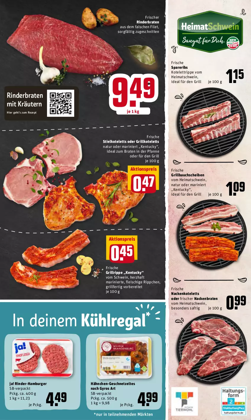 Aktueller Prospekt Rewe - REWE Ihr Kaufpark - von 25.04 bis 30.04.2022 - strona 5 - produkty: aktionspreis, Bau, bauchscheiben, braten, burger, eis, filet, fleisch, geschnetzeltes, grill, Grillbauch, grillkotelett, grillkoteletts, grillrippe, gyros, hamburger, ideal zum braten, kotelett, kräuter, kräutern, kühlregal, nackenkoteletts, natur, pfanne, regal, reis, rezept, rind, rinder, rinderbraten, saft, schnitten, schwein, spareribs, Ti, tuc, wein, Zelt