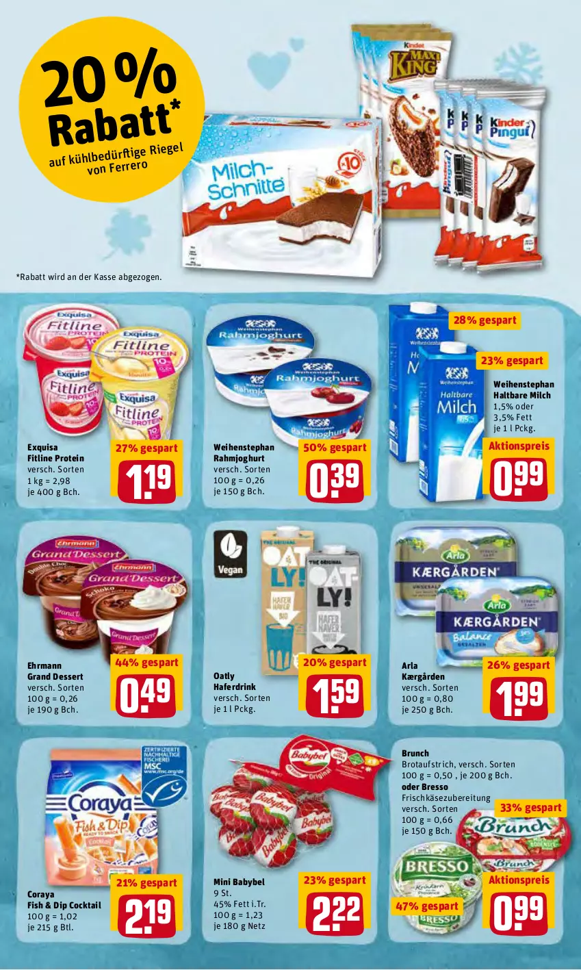 Aktueller Prospekt Rewe - REWE Ihr Kaufpark - von 25.04 bis 30.04.2022 - strona 9 - produkty: aktionspreis, arla, aufstrich, babybel, bresso, brot, brotaufstrich, cocktail, dessert, dip, drink, ehrmann, Ehrmann Grand Dessert, eis, exquisa, ferrero, fitline, frischkäse, frischkäsezubereitung, hafer, Haferdrink, haltbare milch, joghur, joghurt, Kærgården, Käse, milch, mini babybel, rahmjoghurt, reis, Ti, weihenstephan