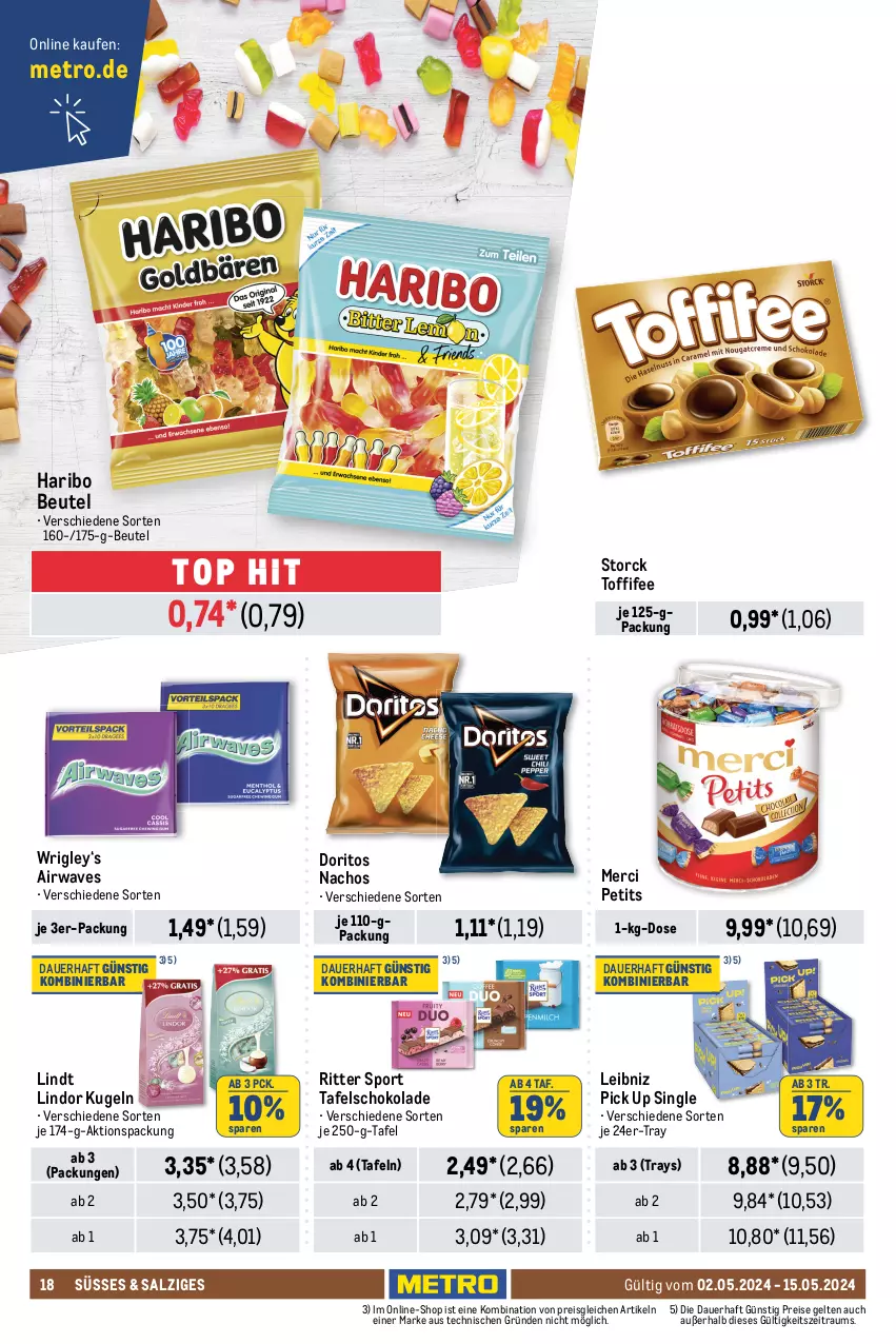 Aktueller Prospekt Metro - Food-NonFood - von 02.05 bis 15.05.2024 - strona 18 - produkty: auer, beutel, bohne, bohnen, caffè crema, corny, Doritos, eis, eiskaffee, frappé, getränk, getränke, haribo, jacobs, jacobs krönung, jacobs tassimo, kaffee, konfitüre, Kugel, lavazza, leibniz, lindor, lindt, merci, Metro, müsli, nacho, Nachos, Nescafé, reis, riegel, ritter, ritter sport, salz, schoko, schokolade, Schwartau, sim, Sport, storck, tafelschokolade, tassimo, Ti, toffifee