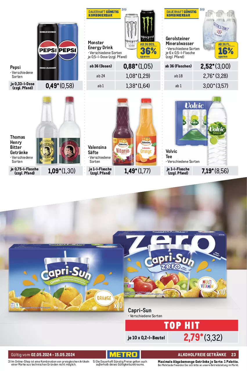 Aktueller Prospekt Metro - Food-NonFood - von 02.05 bis 15.05.2024 - strona 23 - produkty: alkohol, alkoholfreie getränke, Alwa, auer, beutel, bier, bitburger, bitburger pils, burger, Cap, capri-sun, corona, corona extra, drink, eis, energy drink, erdinger, flasche, gerolsteine, gerolsteiner, getränk, getränke, gösser, mineralwasser, monster, Monster Energy, natur, Palette, pepsi, pils, pilsner, pilsner urquell, radler, reis, säfte, Spaten, steiner, tee, thomas henry, Ti, valensina, veltins, volvic, wasser