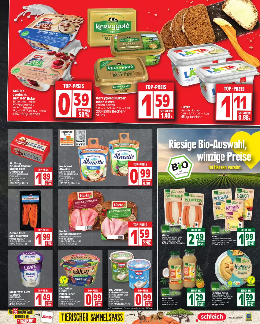 Aktueller Prospekt Edeka - Angebote der Woche - von 25.09 bis 30.09.2023 - strona 7 - produkty: almette, alpenfrischkäse, Becher, bio, burger, butter, crème fraîche, deka, Dr. Oetker, edeka bio, eis, ente, erbsen, filet, filets, fisch, flasche, frischkäse, gin, herta, hochland, hummus, im zarten saitling, joghur, joghurt, joghurt mit der ecke, Käse, kerrygold, kichererbsen, lätta, LG, Limburger, Makrele, meersalz, Mett, Müller, natur, nuss, pudding, reis, rel, Rubius, salz, schinken, sesam, Sesamöl, smoothie, spitzenqualität, St. Mang, top-preis, wiener, ZTE