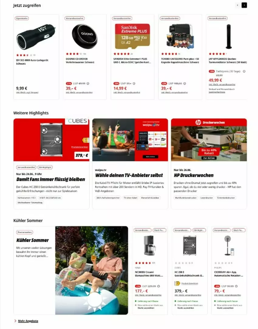 Aktueller Prospekt Media Markt - Prospekte - von 12.06 bis 24.06.2024 - strona 3 - produkty: ACC, angebot, angebote, Cafissimo, drucker, eis, Heu, HP, ladegerät, rama, reifen, reis, sandisk, sim, tee, Ti, uhr