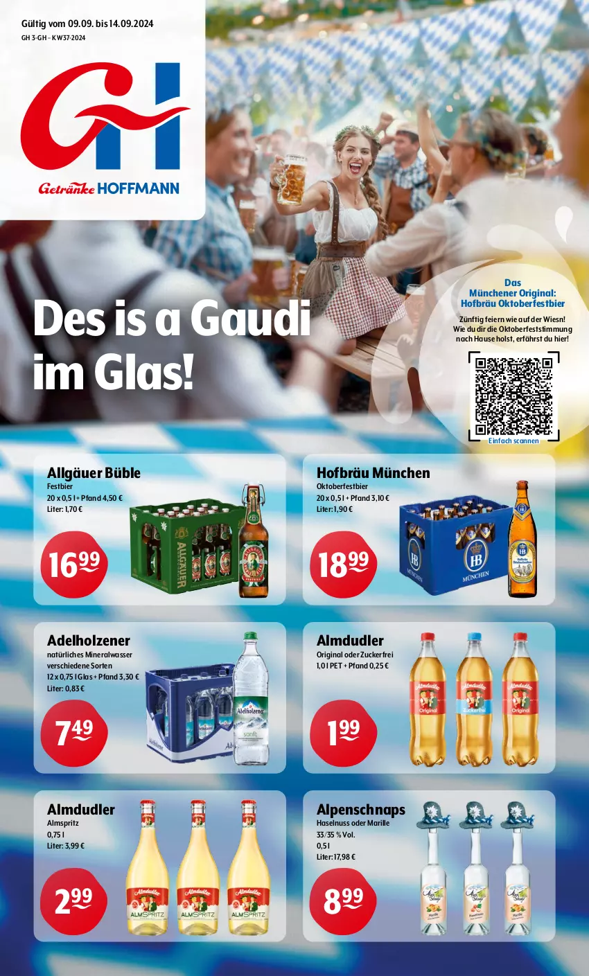 Aktueller Prospekt Getraenke Hoffmann - Prospekte - von 09.09 bis 14.09.2024 - strona 1 - produkty: adelholzener, almdudler, Alwa, bier, eier, gin, haselnuss, Holz, LG, mineralwasser, natürliches mineralwasser, nuss, Ti, wasser, zucker