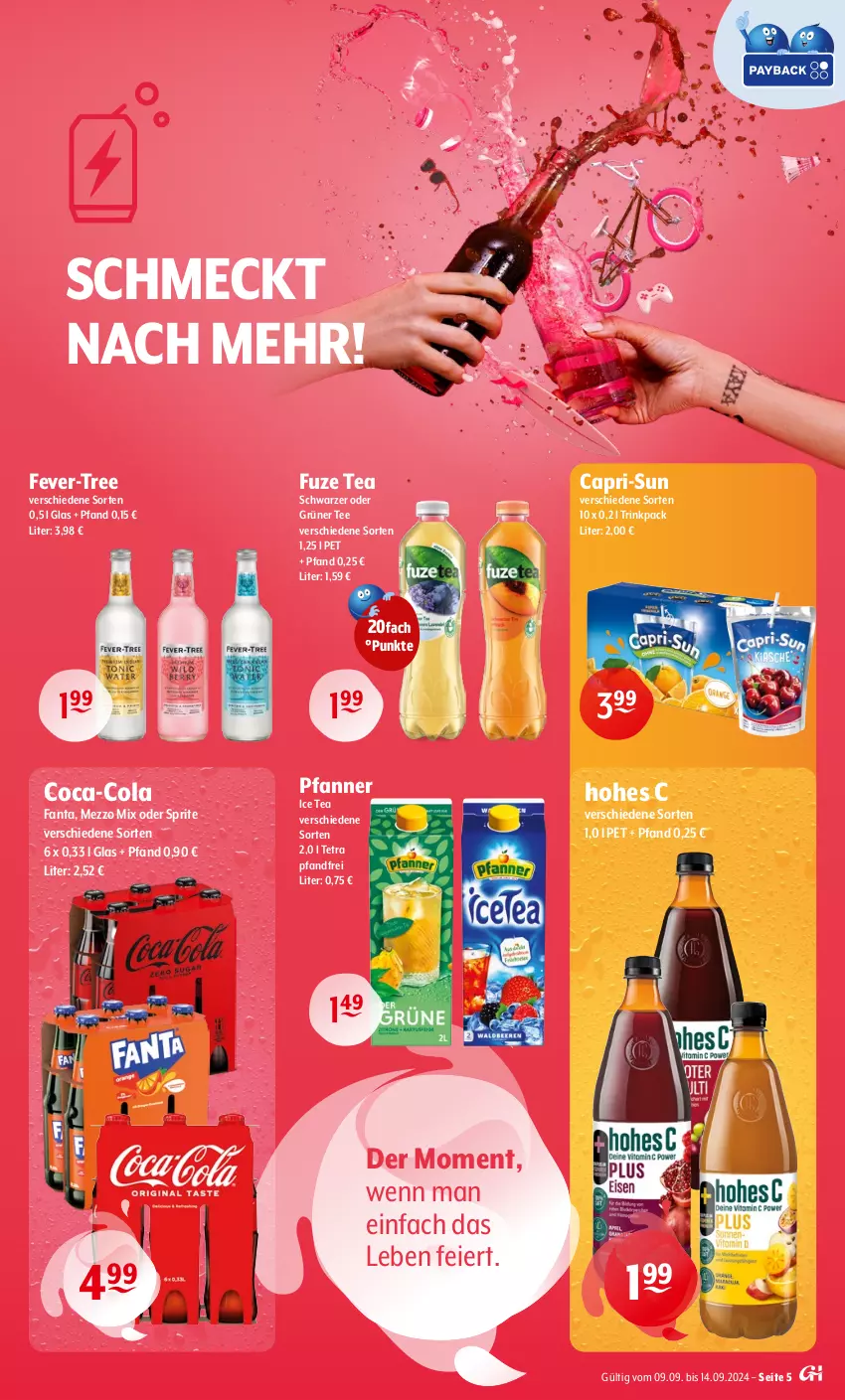 Aktueller Prospekt Getraenke Hoffmann - Prospekte - von 09.09 bis 14.09.2024 - strona 5 - produkty: Cap, capri-sun, coca-cola, cola, eier, fanta, fever-tree, fuze tea, grüner tee, Hohes C, ice tea, Mezzo Mix, oder sprite, pfanne, Pfanner, sprite, tee, Ti