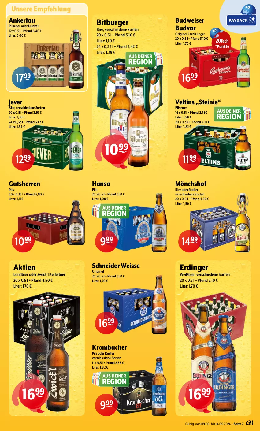 Aktueller Prospekt Getraenke Hoffmann - Prospekte - von 09.09 bis 14.09.2024 - strona 7 - produkty: bier, bitburger, budweiser, burger, eis, elle, erdinger, gin, jever, kellerbier, krombache, krombacher, krombacher pils, mönchshof, oder radler, pils, pilsener, radler, Ti, veltins, WICK