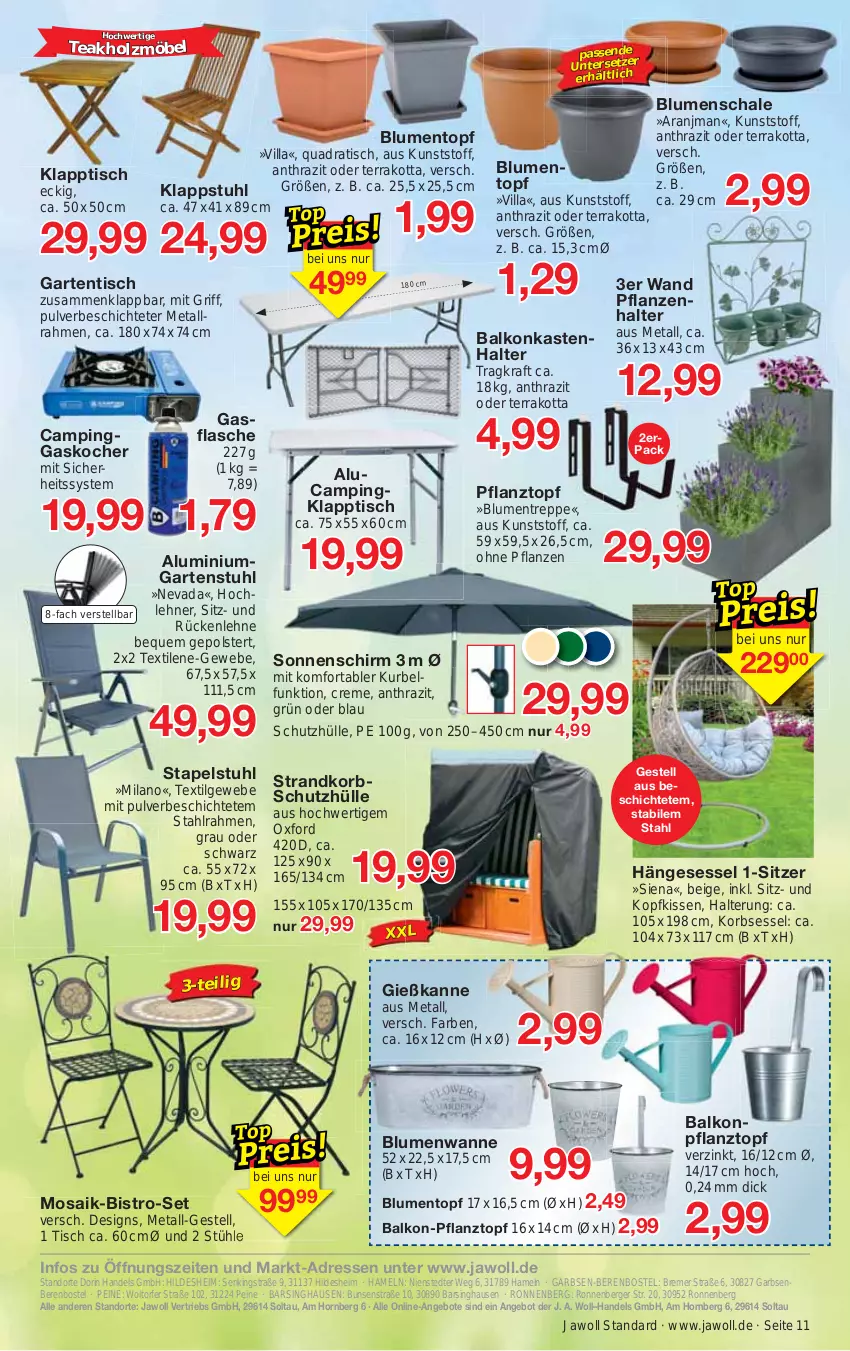 Aktueller Prospekt Jawoll - Prospekte - von 16.04 bis 22.04.2023 - strona 15 - produkty: angebot, angebote, Berger, blume, blumen, Blumentreppe, creme, flasche, Garten, gartenstuhl, gartentisch, Gießkanne, hängesessel, Holz, kissen, klappstuhl, klapptisch, Kocher, kopfkissen, korb, kraft, LG, möbel, ndk, pflanze, pflanzen, Pflanztopf, quad, rückenlehne, Schal, Schale, schutzhülle, sessel, siena, sonnenschirm, stapelstuhl, strandkorb, stuhl, Stühl, Ti, tisch, topf, Wanne