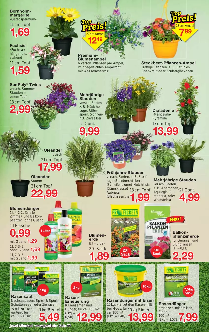 Aktueller Prospekt Jawoll - Prospekte - von 16.04 bis 22.04.2023 - strona 6 - produkty: balkonpflanzen, berliner, beutel, blume, blumen, Blumenampel, blumenerde, brie, dip, dünger, eimer, eis, erde, flasche, Garten, geranie, geranien, HP, kissen, Kraut, petunie, petunien, pflanze, pflanzen, rasen, rasendünger, rasensamen, Ria, ritter, sac, Sport, stauden, Ti, topf, wasser, zauberglöckchen