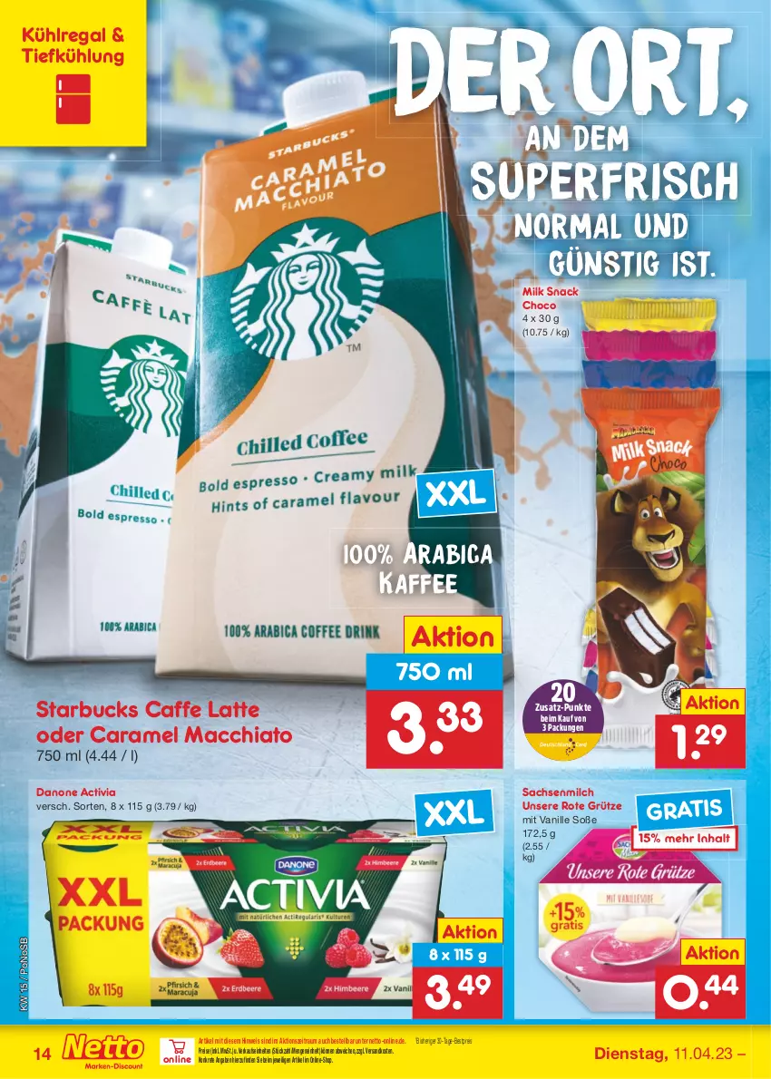 Aktueller Prospekt Netto Marken-Discount - Filial-Angebote - von 11.04 bis 15.04.2023 - strona 14 - produkty: ACC, activia, bestpreis, caffe, caramel, chia, danone, danone activia, eis, grütze, kaffee, kühlregal, latte, mac, macchiato, milch, ndk, regal, reis, Rote Grütze, sac, snack, Soße, starbucks, Ti, vanille