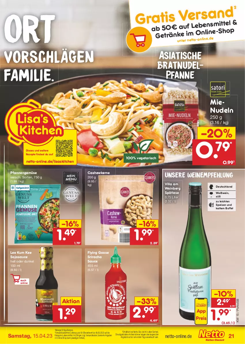 Aktueller Prospekt Netto Marken-Discount - Filial-Angebote - von 11.04 bis 15.04.2023 - strona 21 - produkty: angebot, bestpreis, Cashew, cashewkerne, eis, lebensmittel, ndk, nudel, nudeln, pfanne, pfannen, reis, rezept, rezepte, sauce, soja, sojasauce, Sriracha, Ti, tisch, Vegeta, versandkostenfrei, wein, weine, Weißwein, ZTE