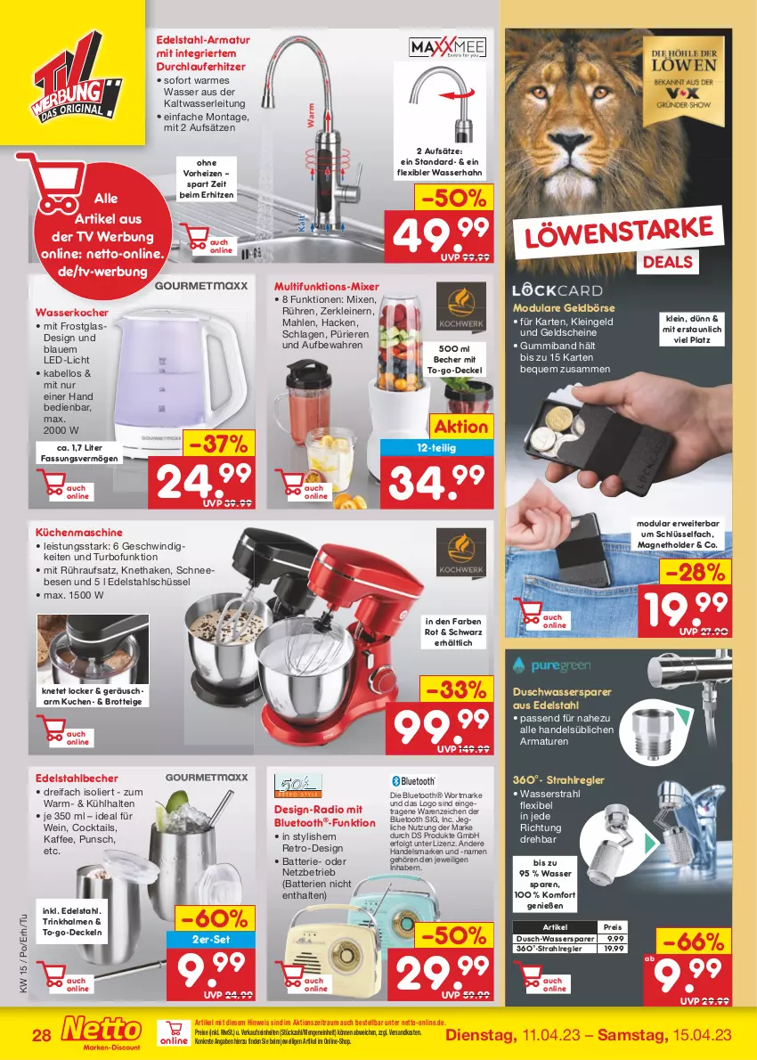 Aktueller Prospekt Netto Marken-Discount - Filial-Angebote - von 11.04 bis 15.04.2023 - strona 28 - produkty: armatur, armaturen, batterie, batterien, Becher, brot, cocktail, cocktails, decke, Deckel, edelstahl, eis, Geldbörse, kaffee, Kocher, küche, Küchen, kuchen, küchenmaschine, led-licht, leine, LG, Mixer, ndk, Radio, reis, rwe, Schneebesen, schüssel, Ti, Trinkhalme, wasser, wasserkocher, wein