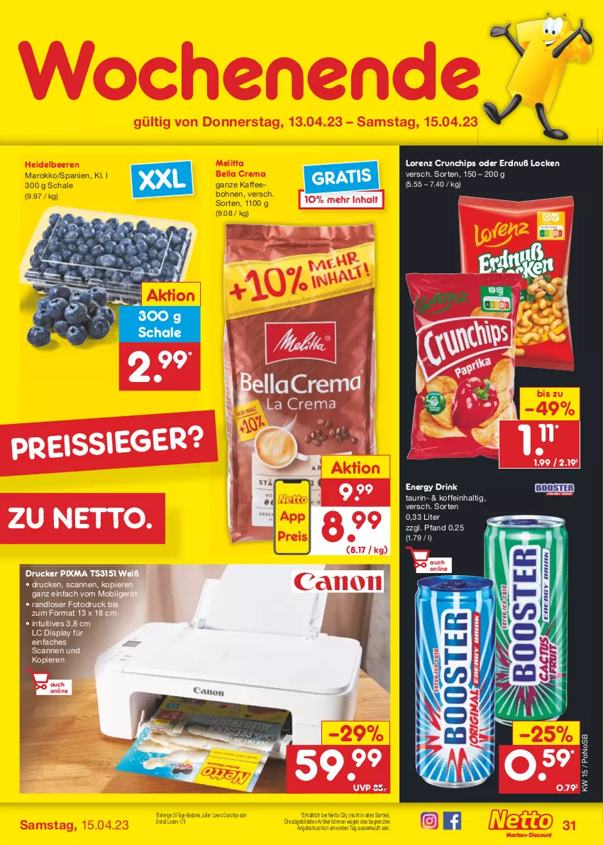 Aktueller Prospekt Netto Marken-Discount - Filial-Angebote - von 11.04 bis 15.04.2023 - strona 31 - produkty: angebot, beere, beeren, bella crema, bestpreis, bohne, bohnen, chips, crunchips, drink, drucker, eis, energy drink, heidelbeere, heidelbeeren, kaffee, kaffeebohnen, LG, lorenz, lorenz crunchips, melitta, reis, Schal, Schale, Ti, ZTE