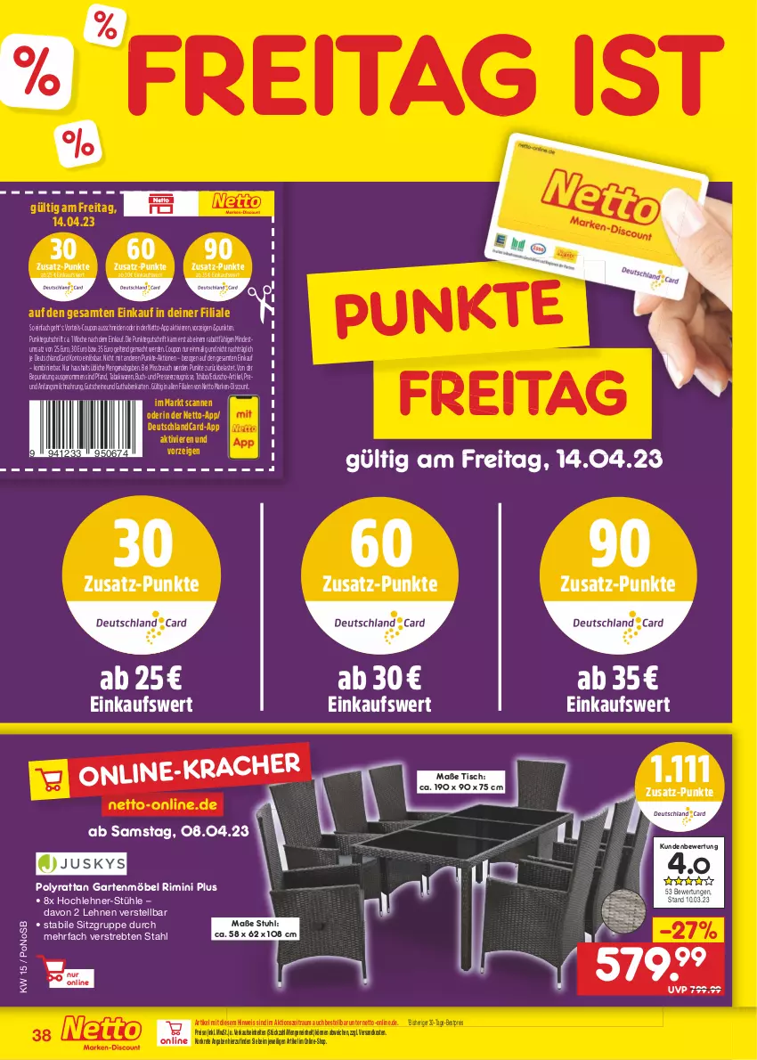 Aktueller Prospekt Netto Marken-Discount - Filial-Angebote - von 11.04 bis 15.04.2023 - strona 38 - produkty: bestpreis, buch, coupon, deutschlandcard, discount, eduscho, eis, elle, erde, Garten, gartenmöbel, guthabenkarte, gutschein, gutscheine, mac, marken-discount, milch, möbel, ndk, Rauch, reis, Stühl, stuhl, Tchibo, Ti, tisch