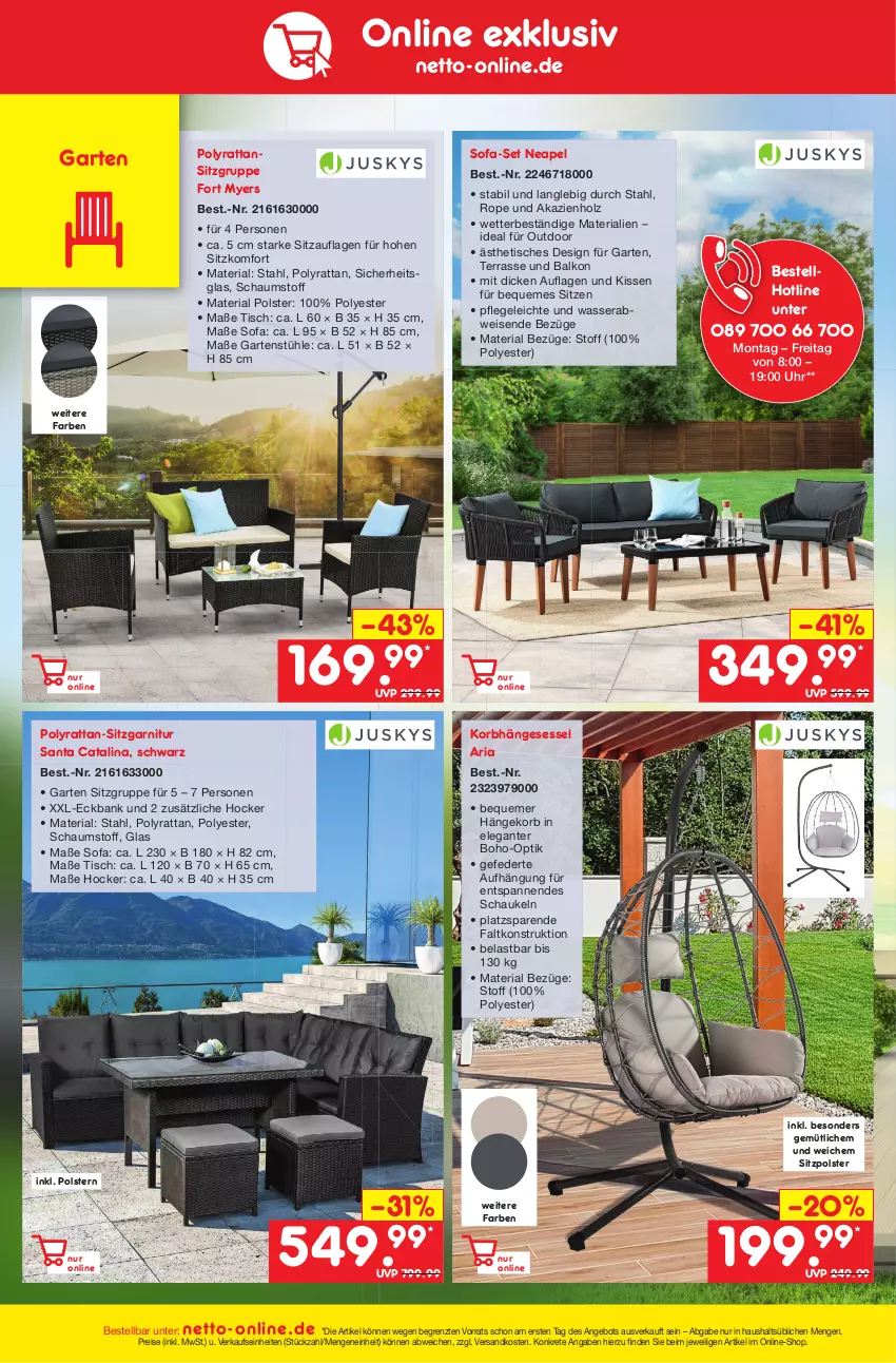 Aktueller Prospekt Netto Marken-Discount - Filial-Angebote - von 11.04 bis 15.04.2023 - strona 42 - produkty: angebot, Bank, Eckbank, eis, garnitur, Garten, hängesessel, hocker, Holz, kissen, korb, ndk, reis, Ria, Schaukel, sessel, Sitzauflage, Sofa, Stühl, Ti, tisch, uhr, wasser, ZTE