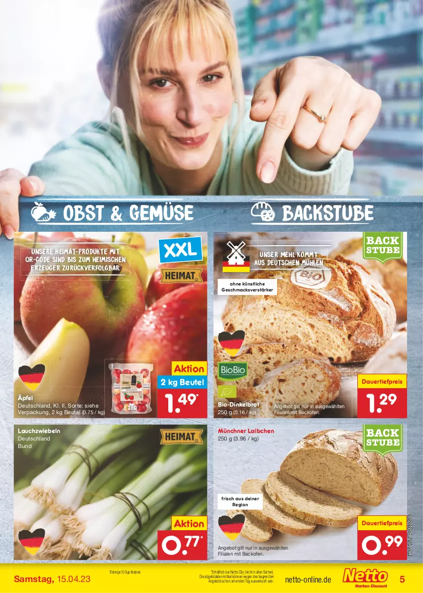 Aktueller Prospekt Netto Marken-Discount - Filial-Angebote - von 11.04 bis 15.04.2023 - strona 5 - produkty: angebot, auer, backofen, bestpreis, beutel, bio, brot, dauertiefpreis, Dinkelbrot, eis, Lauchzwiebel, lauchzwiebeln, LG, mac, mehl, obst, Ofen, reis, stube, Ti, tiefpreis, ZTE, zwiebel, zwiebeln