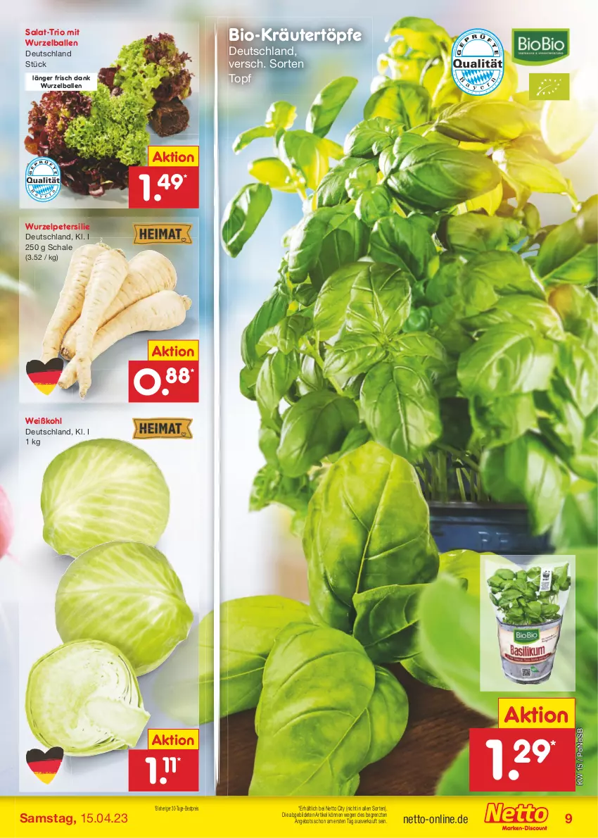 Aktueller Prospekt Netto Marken-Discount - Filial-Angebote - von 11.04 bis 15.04.2023 - strona 9 - produkty: angebot, ball, bestpreis, bio, eis, kräuter, petersilie, reis, salat, Schal, Schale, Ti, topf, Weißkohl, ZTE