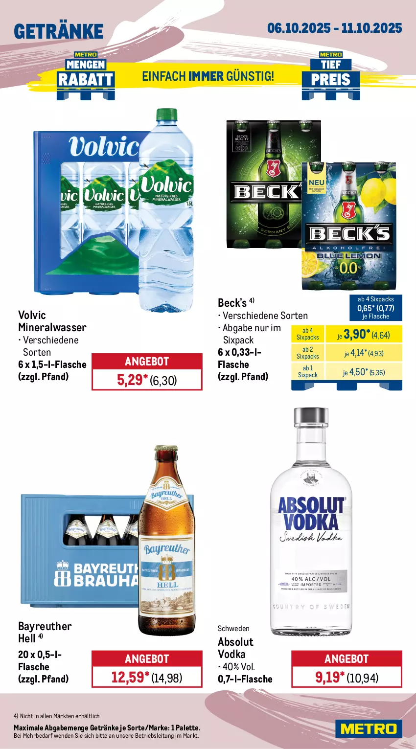 Aktueller Prospekt Metro - Wochen-Angebote - von 06.10 bis 11.10.2025 - strona 14 - produkty: Absolut Vodka, Alwa, angebot, aprikose, aprikosen, banane, bree, brut, champagne, chardonnay, dry gin, flasche, frucht, früchte, früchten, getränk, getränke, gin, gordon, Gordon’s, london dry, london dry gin, mineralwasser, Palette, Ria, Schal, Schale, Ti, vodka, volvic, wasser, zitrone
