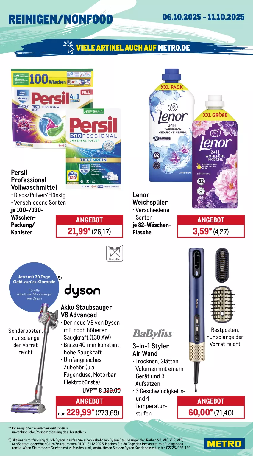 Aktueller Prospekt Metro - Wochen-Angebote - von 06.10 bis 11.10.2025 - strona 16 - produkty: akku, angebot, Behälter, beutel, bodensauger, bürste, Dyson, eis, Elektro, elle, flasche, kraft, lenor, lenor weichspüler, mac, Metro, persil, reis, sonderposten, staubbeutel, staubsauger, teller, Ti, Tiere, Trockensauger, vollwaschmittel, waschmittel, weichspüler