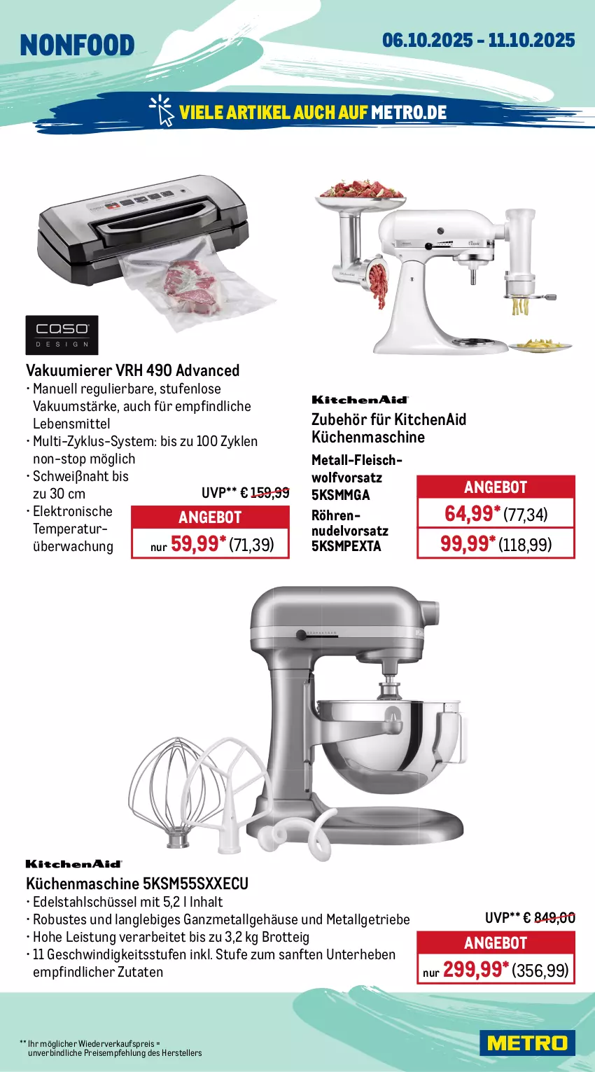 Aktueller Prospekt Metro - Wochen-Angebote - von 06.10 bis 11.10.2025 - strona 19 - produkty: angebot, auer, auto, brot, edelstahl, eis, Elektro, elle, fleisch, gefrierschrank, KitchenAid, küche, Küchen, küchenmaschine, kühlschrank, lebensmittel, LG, Metro, nudel, reis, Schere, Schrank, schüssel, teller, Ti, tisch, Vakuumierer
