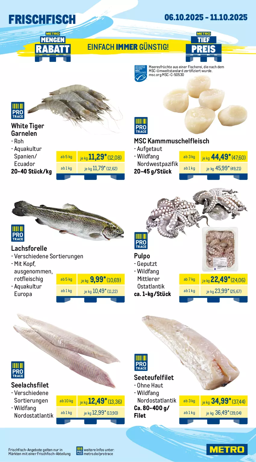 Aktueller Prospekt Metro - Wochen-Angebote - von 06.10 bis 11.10.2025 - strona 5 - produkty: Abtei, angebot, angebote, aqua, brustfilet, eis, elle, ente, Entenbrust, Entenkeule, filet, fisch, fische, Fischer, fleisch, forelle, frischfisch, früchte, garnelen, lachs, lachsfilet, meeresfrüchte, Metro, reis, rel, Schere, seelachsfilet, Ti, tiefpreis, Wild