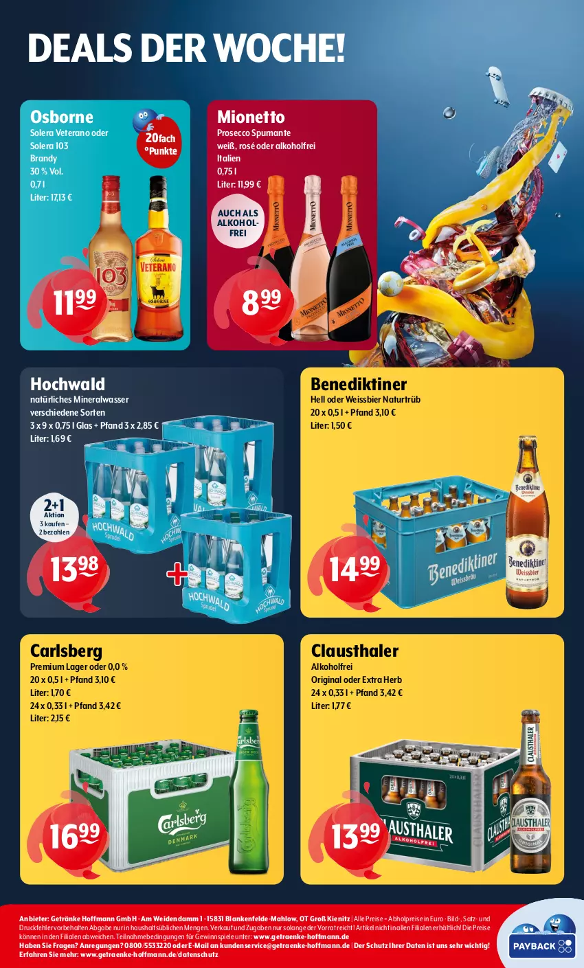 Aktueller Prospekt Getraenke Hoffmann - Prospekte - von 02.04 bis 06.04.2024 - strona 8 - produkty: abholpreise, alkohol, Alwa, aust, Benediktiner, bier, carlsberg, clausthaler, ecco, eis, getränk, getränke, gewinnspiel, gin, hochwald, mineralwasser, mionetto, natur, natürliches mineralwasser, osborne, prosecco, puma, reis, Spiele, spumante, Ti, veterano, wasser, weissbier