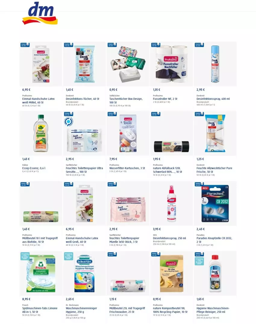 Aktueller Prospekt Dm Drogerie - Prospekte - von 03.02 bis 09.02.2022 - strona 9 - produkty: Allzwecktücher, beutel, bio, Clin, Desinfektion, Dr. Beckmann, elle, essig, feuchtes toilettenpapier, Frosch, handschuhe, hygiene-reiniger, Kühne, limo, maschinenreiniger, müllbeutel, natur, papier, Profissimo, reiniger, rel, Roller, sac, schuhe, sim, spülmaschinen, Tasche, taschen, taschentücher, Ti, toilettenpapier, tragegriff, tücher, waschmaschine, waschmaschinen, wasser, wasserfilter, weck