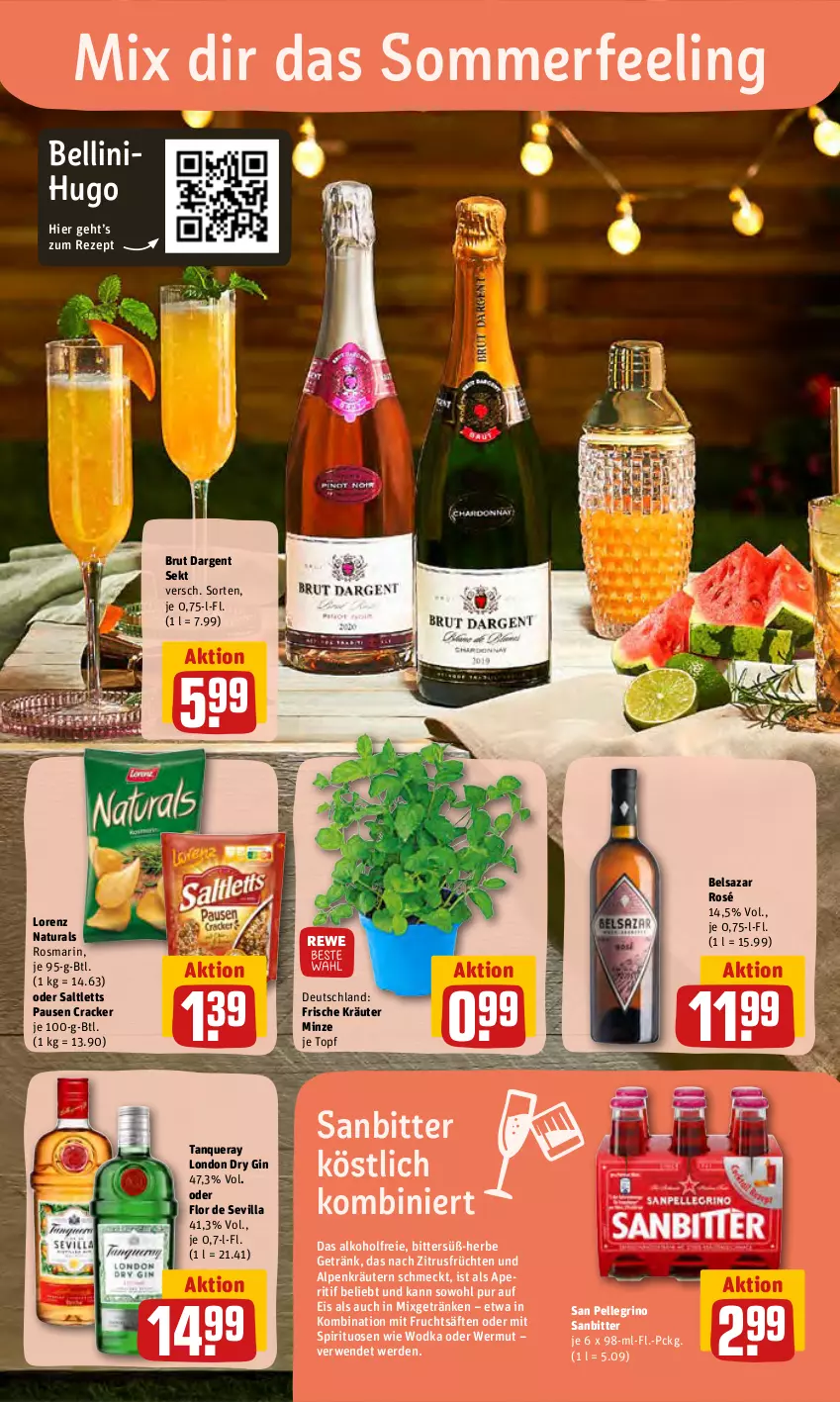 Aktueller Prospekt Rewe - REWE Ihr Kaufpark - von 27.06 bis 02.07.2022 - strona 12 - produkty: alkohol, aperitif, Belsazar, brut, brut dargent, cracker, dry gin, eis, elle, erde, frucht, früchte, früchten, fruchtsäfte, getränk, getränke, gin, hugo, kräuter, kräutern, london dry, london dry gin, lorenz, minze, mit frucht, Mixgetränk, natur, natura, rezept, rosmarin, rwe, säfte, saltletts, san pellegrino, sekt, spirituosen, Tanqueray, Ti, topf, wodka