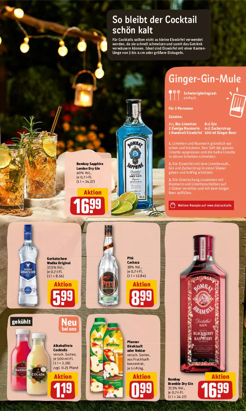 Aktueller Prospekt Rewe - REWE Ihr Kaufpark - von 27.06 bis 02.07.2022 - strona 13 - produkty: alkohol, bio, bombay sapphire, Cachaca, cocktail, cocktails, direktsaft, dry gin, eis, eiswürfel, erde, frucht, fruchtsaft, getränk, gin, ginger, Gläser, Gorbatschow, gorbatschow wodka, Kugel, leine, limette, limetten, london dry, london dry gin, Mett, metten, Nektar, pfanne, Pfanner, rezept, rezepte, rosmarin, rwe, saft, sapphire, shake, sirup, Ti, Waschen und Trocknen, wodka, würfel, zucker