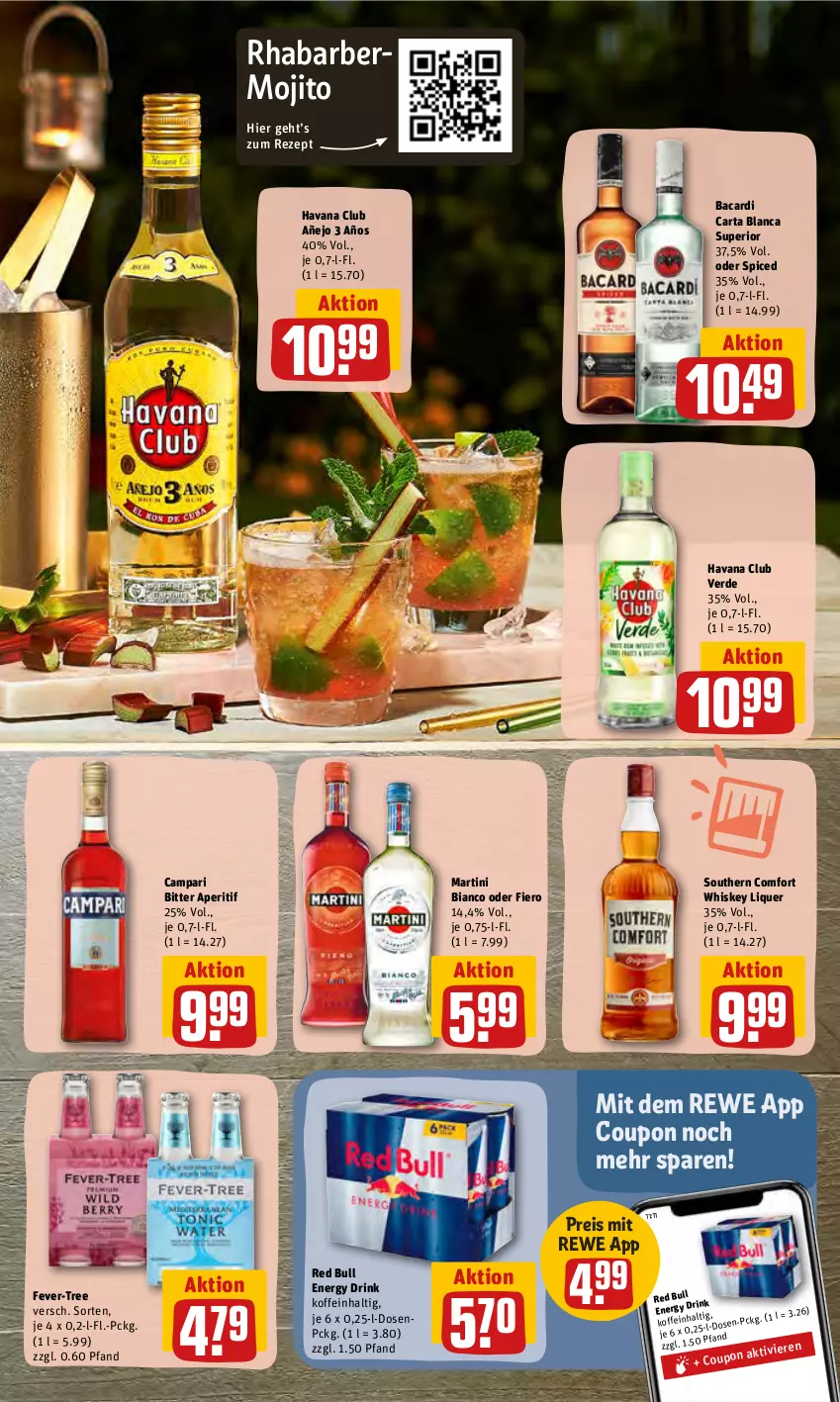 Aktueller Prospekt Rewe - REWE Ihr Kaufpark - von 27.06 bis 02.07.2022 - strona 15 - produkty: aperitif, bacardi, campari, coupon, drink, eis, energy drink, erde, fever-tree, Havana Club, martini, mojito, red bull, reis, rezept, rhabarber, Southern Comfort, Ti, whiskey