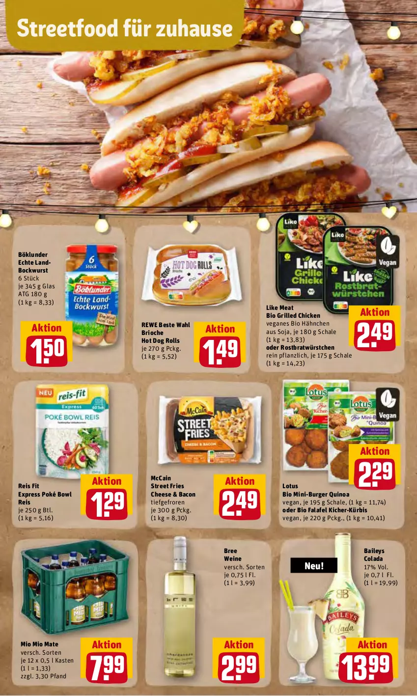 Aktueller Prospekt Rewe - REWE Ihr Kaufpark - von 27.06 bis 02.07.2022 - strona 18 - produkty: bacon, baileys, bio, bockwurst, böklunder, bree, burger, cola, eis, Falafel, grill, hot dog, Kürbis, Like Meat, mccain, Mio Mio, quinoa, reis, rewe beste wahl, Schal, Schale, soja, Ti, wein, weine, wurst, würstchen