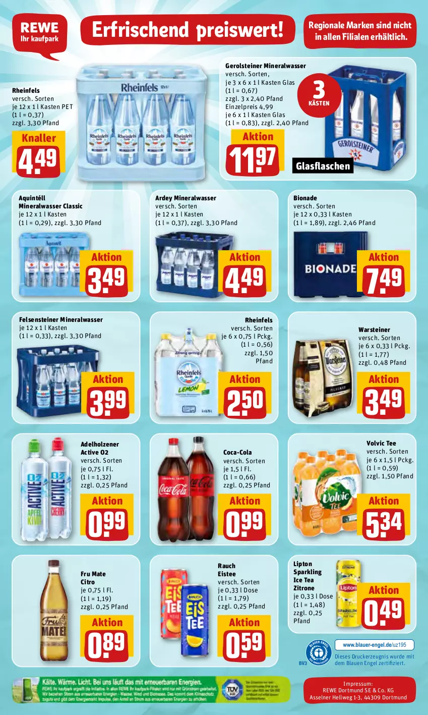 Aktueller Prospekt Rewe - REWE Ihr Kaufpark - von 27.06 bis 02.07.2022 - strona 28 - produkty: adelholzener, Alwa, bio, bionade, coca-cola, cola, drucker, eis, eistee, Engel, flasche, gerolsteine, gerolsteiner, glasflasche, Holz, ice tea, kerze, lipton, mineralwasser, Mineralwasser Classic, Rauch, reis, steiner, tee, Ti, volvic, warsteiner, wasser, zitrone