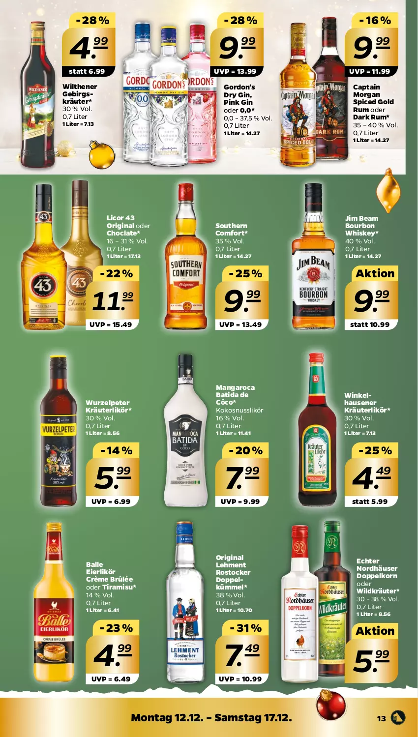 Aktueller Prospekt Netto - Woche 50 - von 12.12 bis 17.12.2022 - strona 13 - produkty: ball, batida, batida de côco, bourbon, bourbon whiskey, Cap, captain morgan, Crème Brûlée, doppelkorn, dry gin, eier, eierlikör, gin, gordon, Gordon’s, jim beam, kokos, kokosnuss, korn, kräuter, kräuterlikör, licor, licor 43, likör, mangaroca, nuss, Rostocker, rum, Southern Comfort, Ti, tiramisu, whiskey, Wild, wilthener, winkelhausen